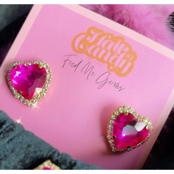 Feed Me Gems Signature Heart Stud Earrings Clear AB, Pink, OR Volcano NWT - Picture 9 of 13